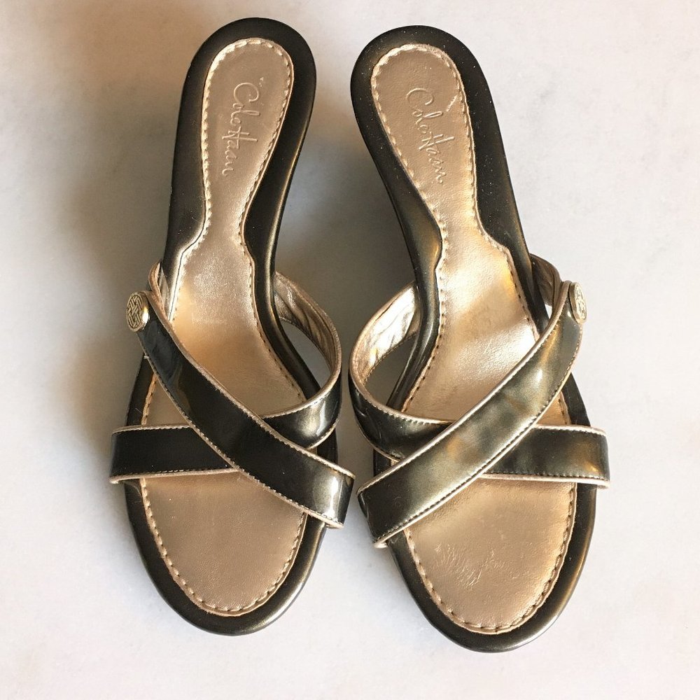 Cole Haan mule low wedges slides / sandals, olive green & gold,  X cross slip on